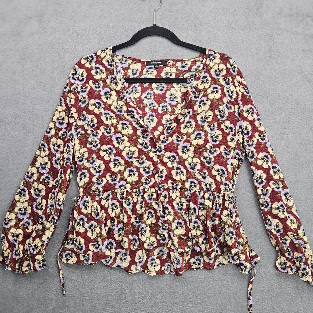 Madewell Drawstring Ruffle Hem Top Viola Floral Sz S Pansy floral dusty burgundy